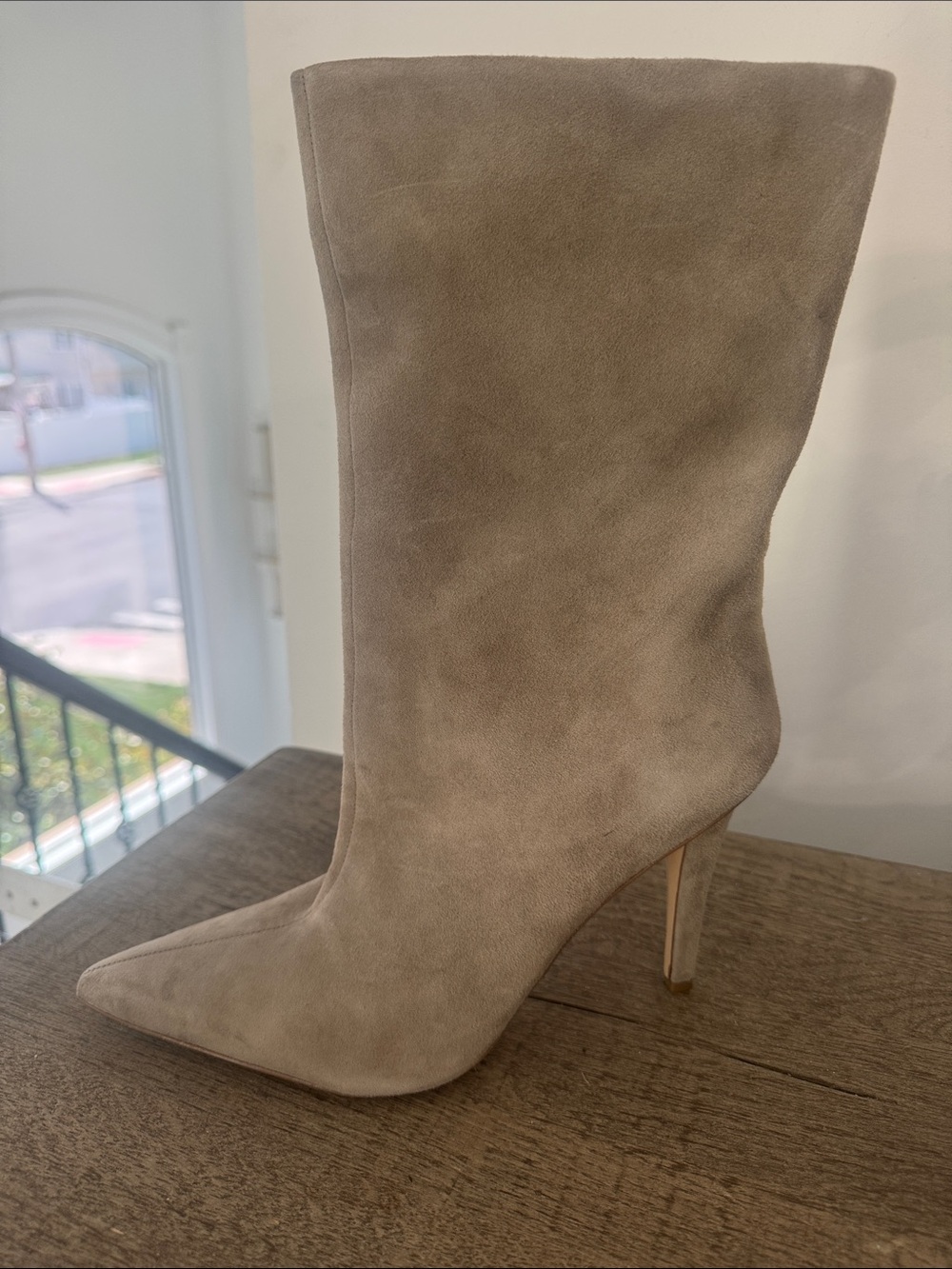 Nine West Taupe Suede Pointed-Toe Mid-Calf Stiletto Boot